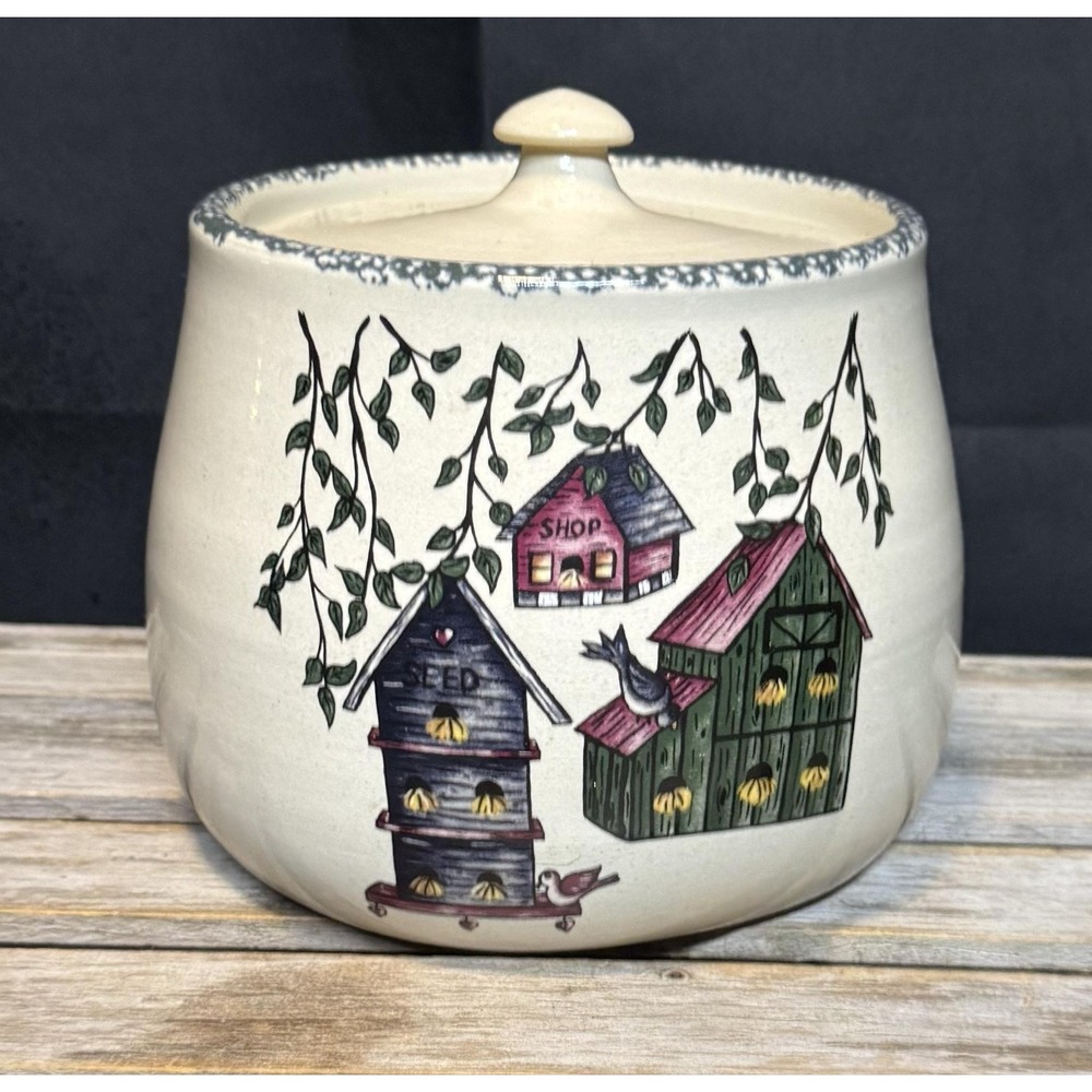 Home & Garden Party Birdhouse Cookie Jar Stoneware Beige Farmhouse USA 1999